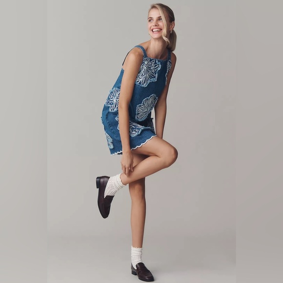 Anthropologie Sleeveless Embroidered Square Neck Denim Mini Dress Size Large NEW - Picture 2 of 8